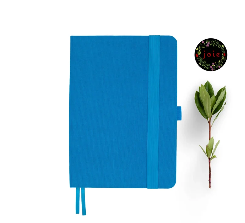 Aqua blue fabric-covered notebook with rounded corners, matching elastic band, pen loop, and dual ribbon bookmarks, shown with a green leafy branch and a floral 'joie' logo