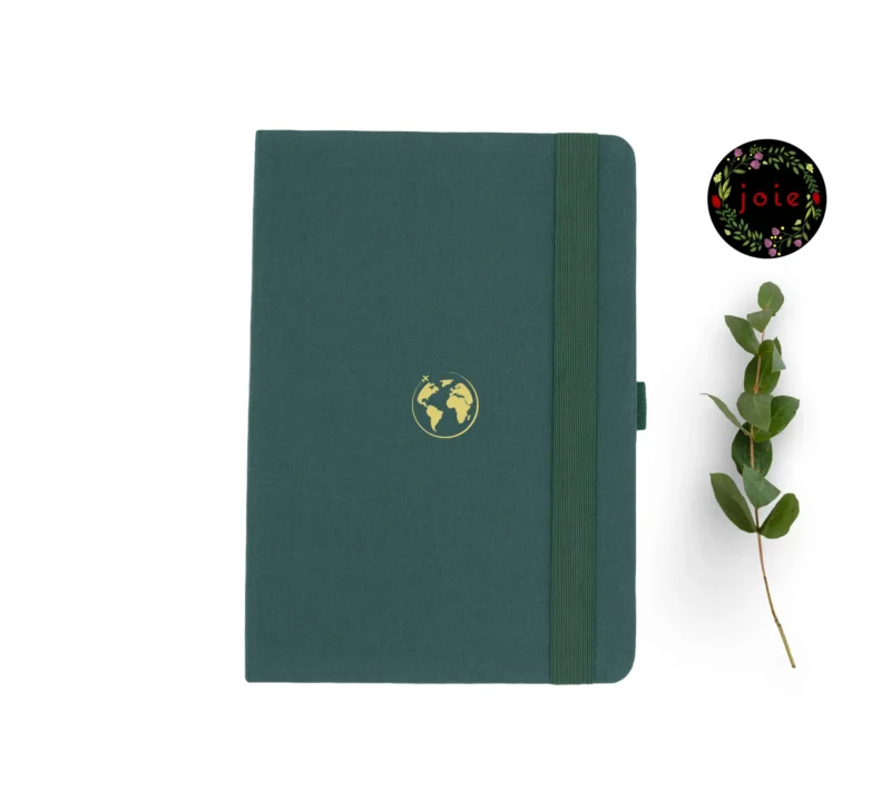 A5 dot grid notebook with a green cover and world illustration