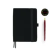 Black fabric-covered notebook with rounded corners, matching black elastic band, pen loop, and dual ribbon bookmarks, displayed with a red fountain pen and a floral 'joie' logo