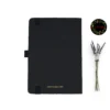 black leather notebook with round corners and elastic band