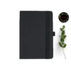 black leather notebook with round corners and elastic band