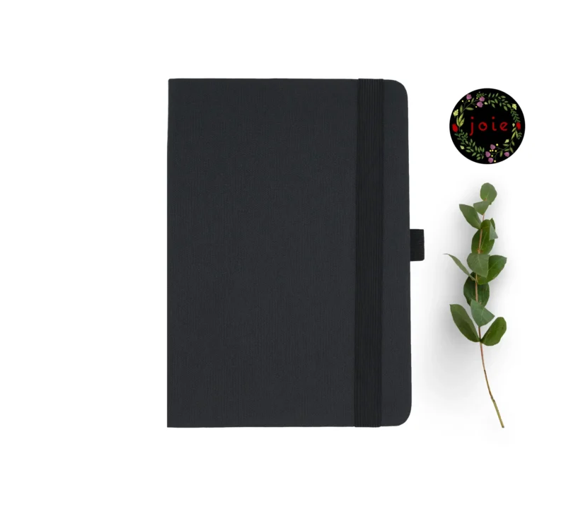 black leather notebook with round corners and elastic band
