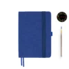 Blue A5 fabric dot grid notebook with elastic band, pen loop, dual bookmarks, Joie floral logo, and blue-tip paintbrush – ideal for journaling, planning, and creative work