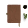 Brown fabric cover notebook with round corners, two bookmarks, elastic band and pen holder