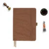 Brown fabric cover notebook with round corners, two bookmarks, elastic band and pen holder