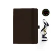 Stylish dark brown cloth notebook featuring smooth rounded corners, matching dark brown elastic closure, pen holder, and two elegant dark brown silk ribbons