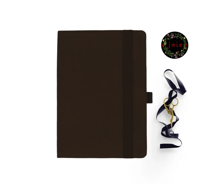 Stylish dark brown cloth notebook featuring smooth rounded corners, matching dark brown elastic closure, pen holder, and two elegant dark brown silk ribbons