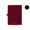 Stylish red cloth notebook featuring smooth rounded corners, matching dark red elastic closure, pen holder, and two elegant dark red silk ribbons