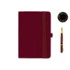 Stylish red cloth notebook featuring smooth rounded corners, matching dark red elastic closure, pen holder, and two elegant dark red silk ribbons