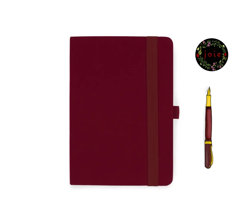 Stylish red cloth notebook featuring smooth rounded corners, matching dark red elastic closure, pen holder, and two elegant dark red silk ribbons