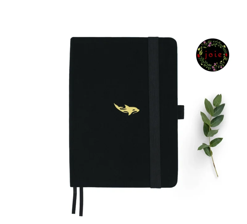 Orca A5 Dot Grid Notebook with black cover and gold illustration