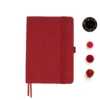 red fabric color notebook with round corners, red elastic band and red pen holder, two red silk bookmarks