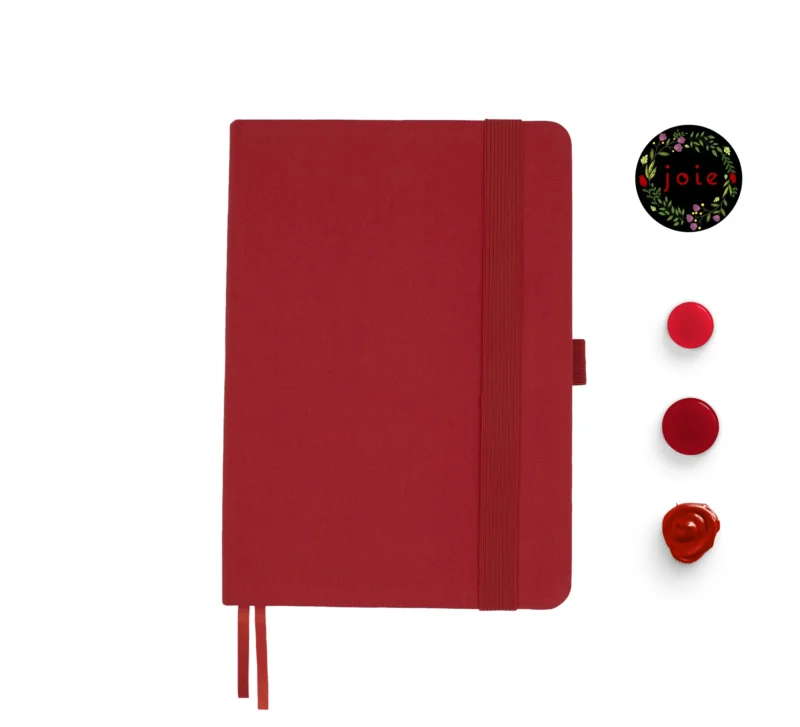 red fabric color notebook with round corners, red elastic band and red pen holder, two red silk bookmarks