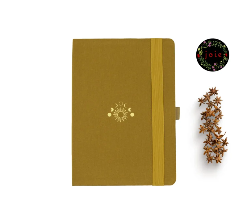 Gold Yellow A5 dot grid notebook with sun designed logo