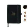 A5 dot grid notebook with a fabric cover and gold illustration of the Universe