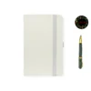 White A5 faux leather dot grid notebook with white elastic band, pen loop, Joie floral logo, and illustrated fountain pen